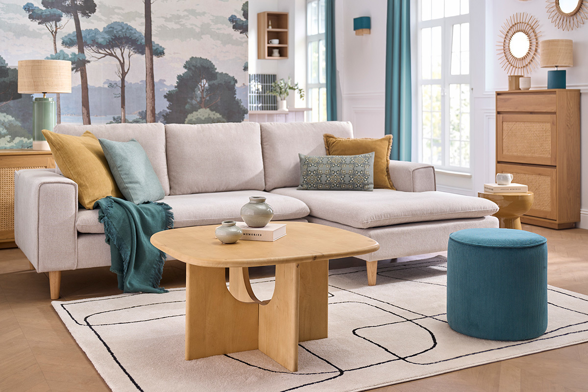 Runder Pouf aus geripptem Samtstoff in Entenblau D40 cm PAUL