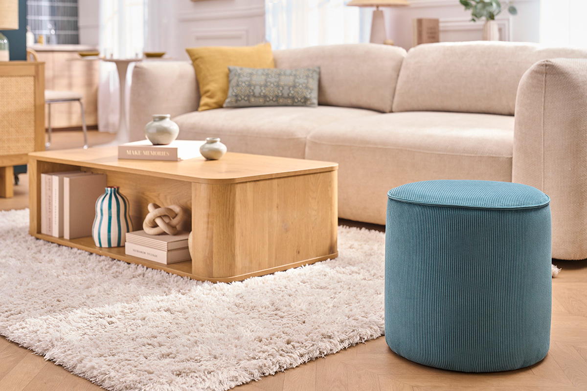 Runder Pouf aus geripptem Samtstoff in Entenblau D40 cm PAUL