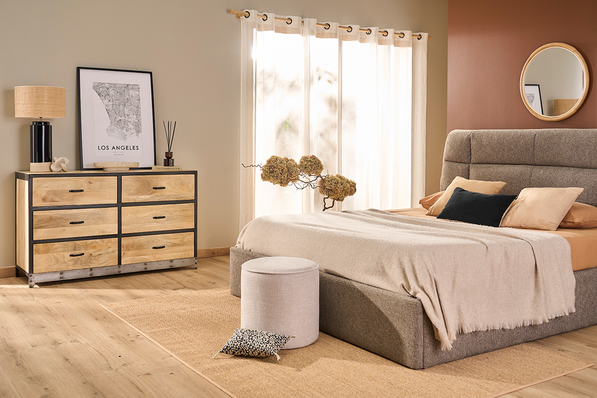 Runder Pouf aus Stoff in Beige mit samtigem Effekt und Textur D40 cm PAUL