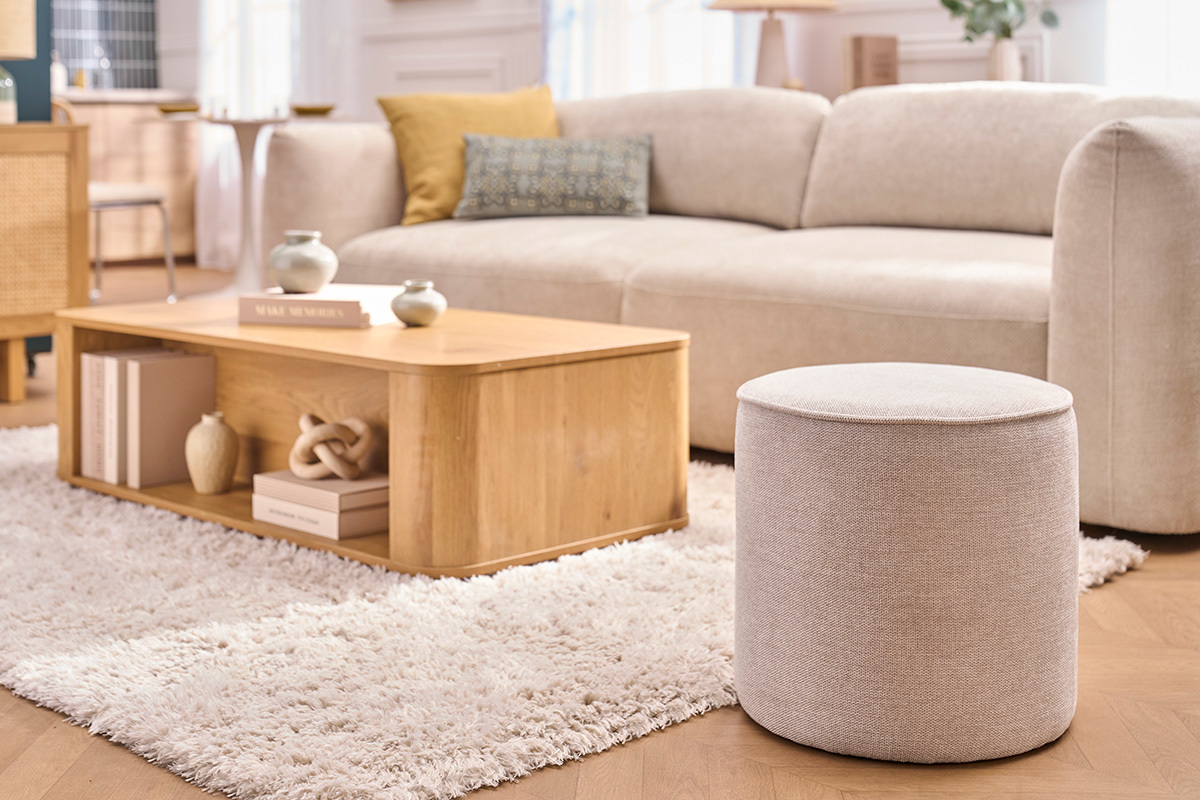 Runder Pouf aus Stoff in Beige mit samtigem Effekt und Textur D40 cm PAUL
