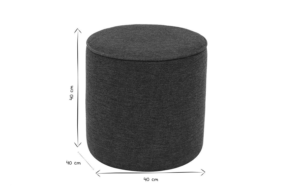 Runder Pouf in Schwarz und Wei mit Abmessungen von 40 cm.