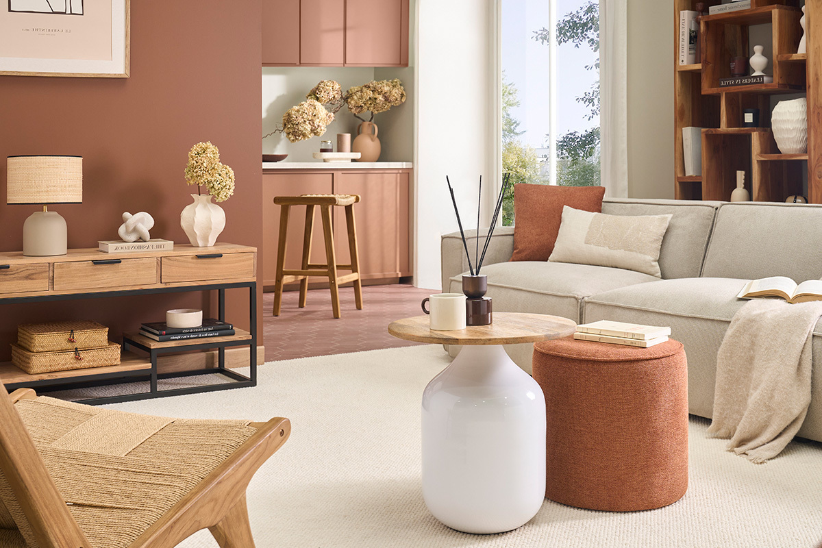 Runder Pouf in Samtoptik mit strukturierter, verbrannter Erde D40 cm PAUL