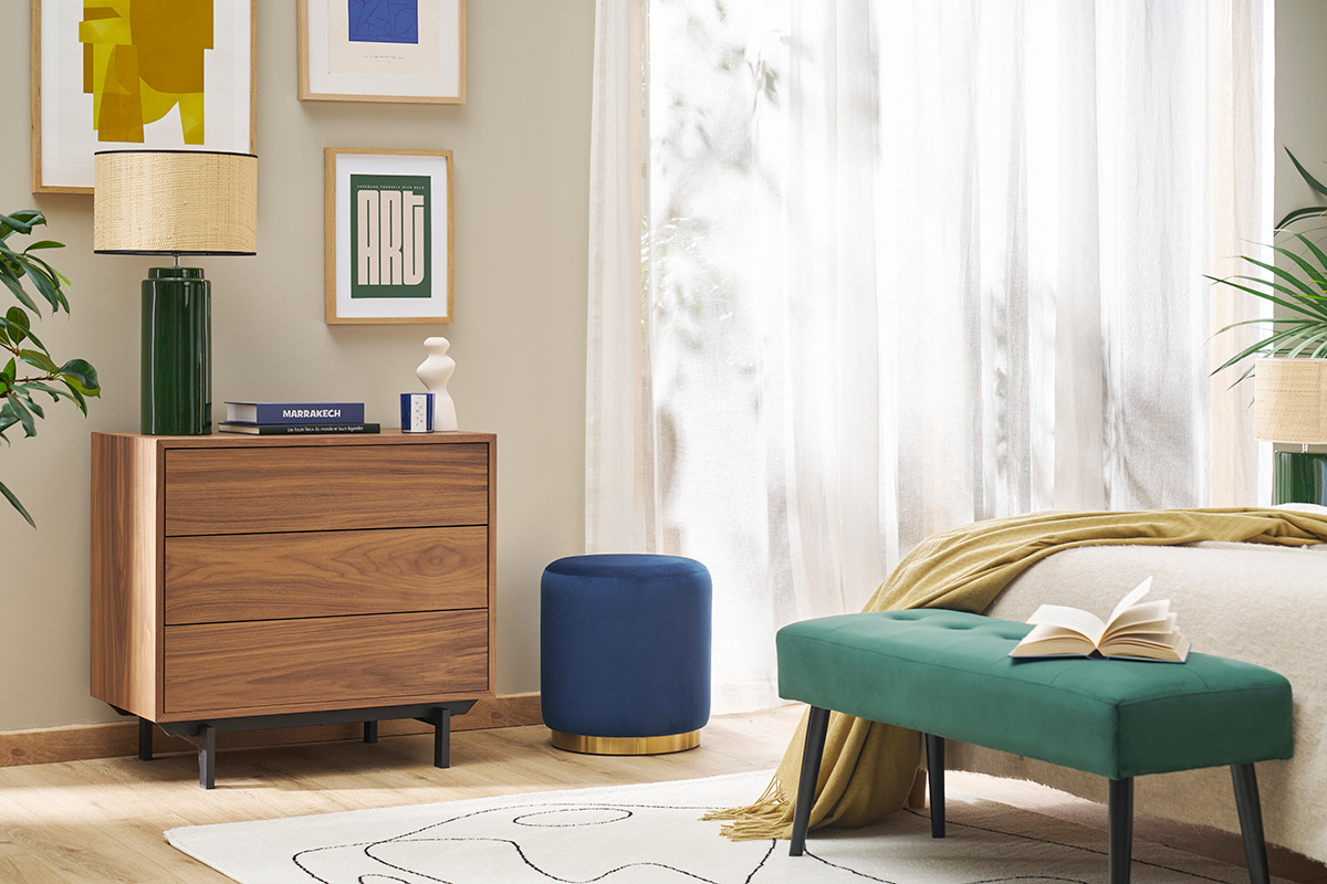 Runder Samtpouf in Marineblau und goldener Metallstruktur D40 cm AMAYA