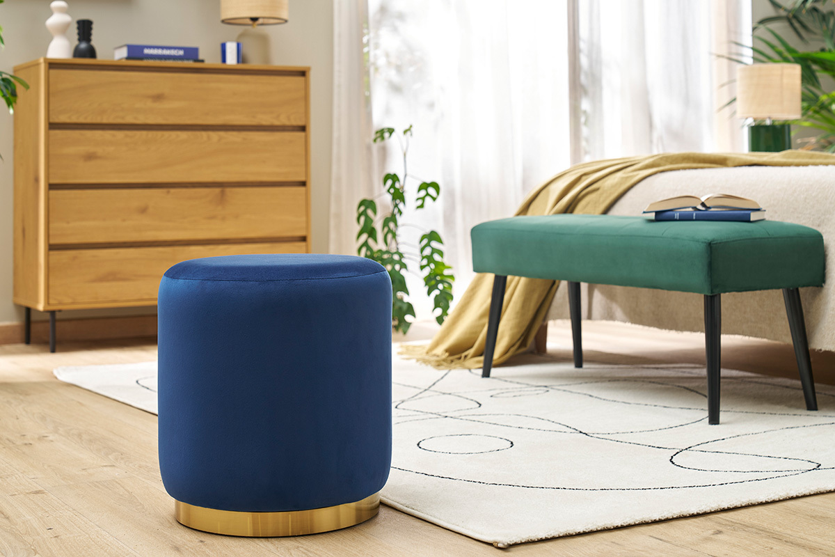 Runder Samtpouf in Marineblau und goldener Metallstruktur D40 cm AMAYA