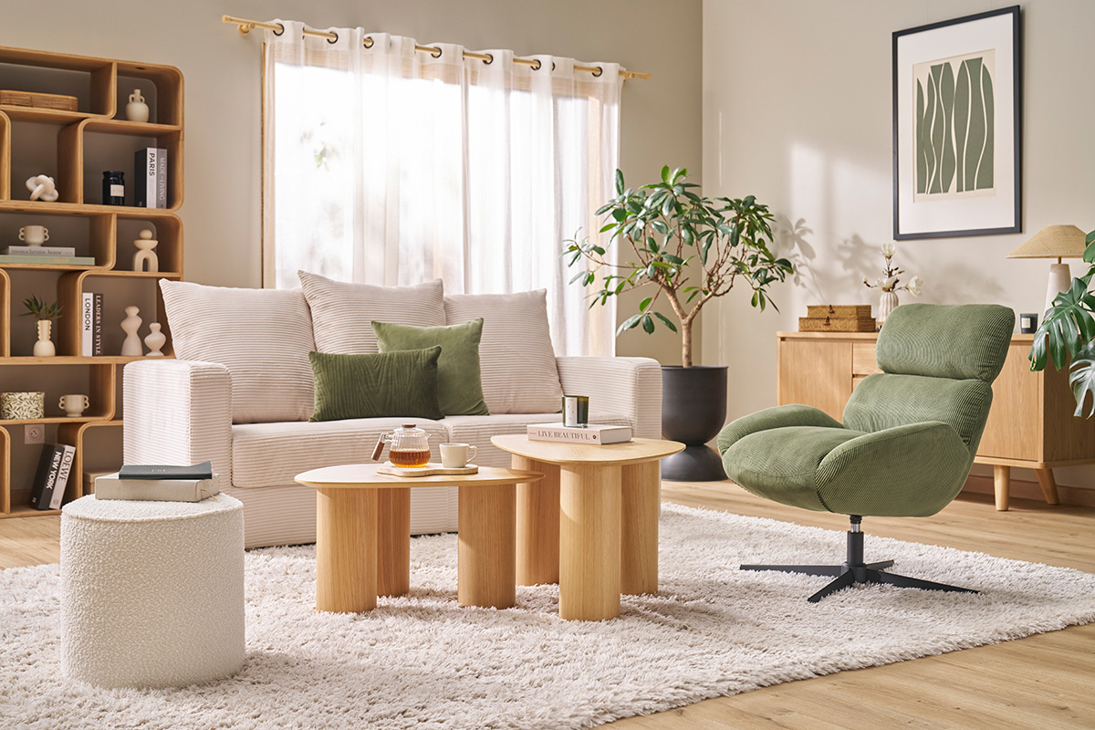 Runder Samtpouf in Taupe mit Rippenmuster D40 cm PAUL