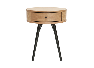 Runder Vintage-Nachttisch aus hellem Holz, schwarzem Metall KORAL