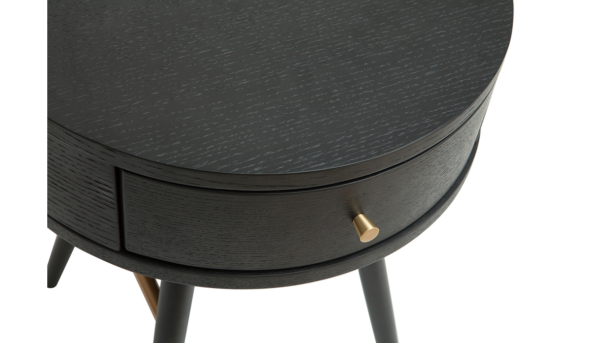 Runder Vintage-Nachttisch aus Holz, schwarzem Metall und goldfarbenen Details KORAL