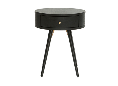 Runder Vintage-Nachttisch aus Holz, schwarzem Metall und goldfarbenen Details KORAL