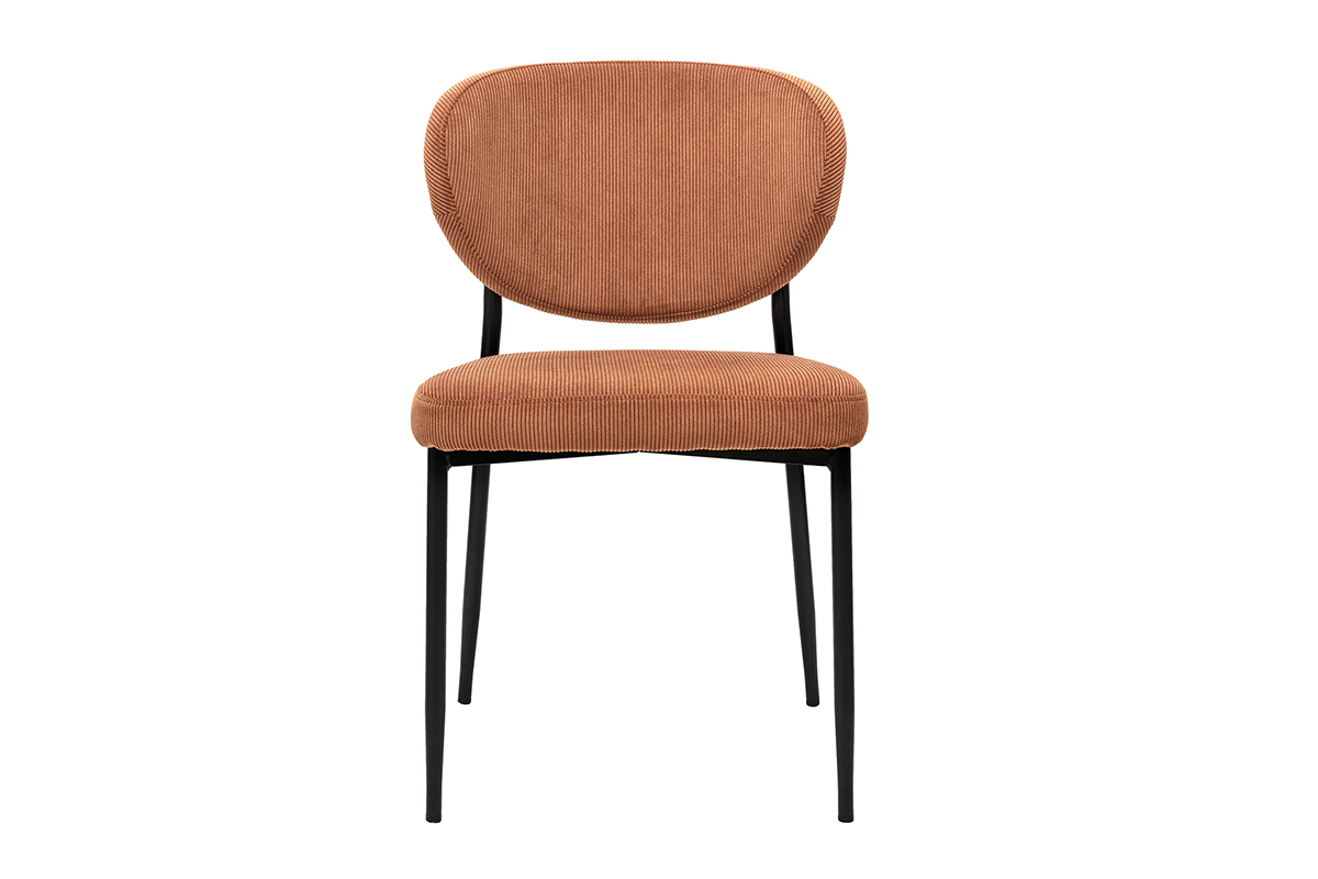 Samt-Cord-Stuhl in verbrannter Erde mit schwarzen Metallbeinen, Frontansicht.