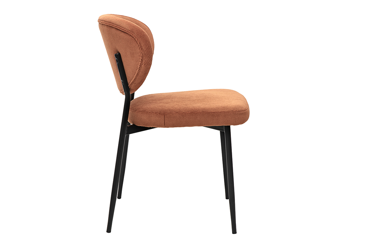 Samt-Cord-Stuhl in verbrannter Erde mit schwarzen Metallbeinen, Seitenansicht.