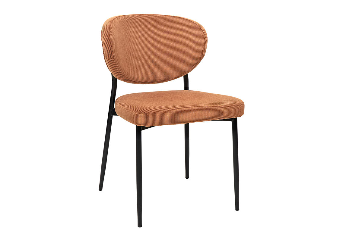 Stuhl aus Cord in verbrannter Erde und schwarzem Metall, 3/4-Ansicht.