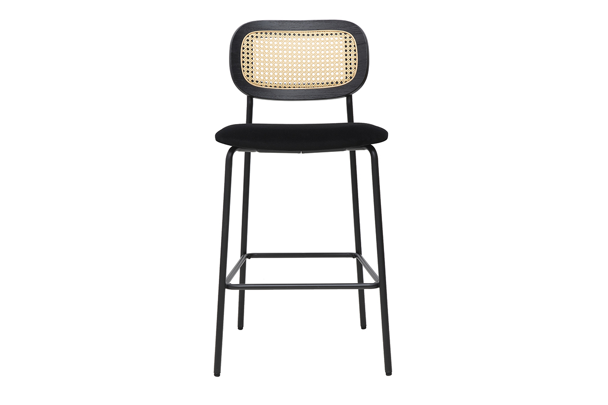 Samt-Designhocker in Schwarz, Schwarzmetall und Rattan-Geflecht (2er Set) MIRANDA