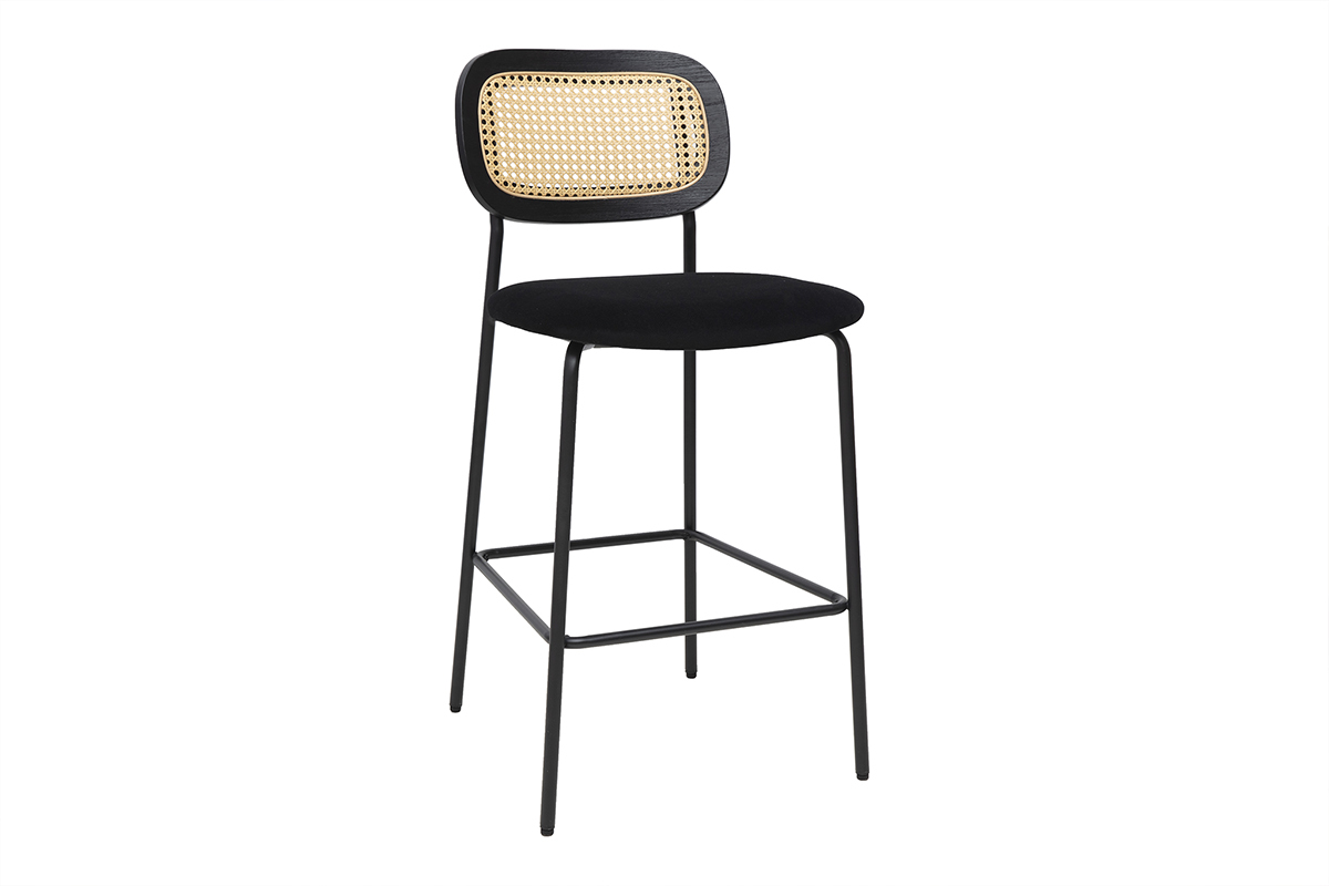 Samt-Designhocker in Schwarz, Schwarzmetall und Rattan-Geflecht (2er Set) MIRANDA