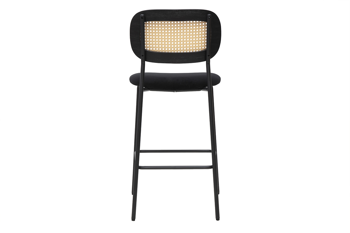 Samt-Designhocker in Schwarz, Schwarzmetall und Rattan-Geflecht (2er Set) MIRANDA