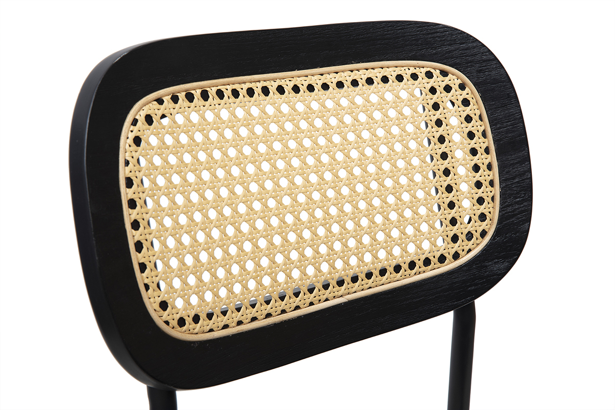 Samt-Designhocker in Schwarz, Schwarzmetall und Rattan-Geflecht (2er Set) MIRANDA