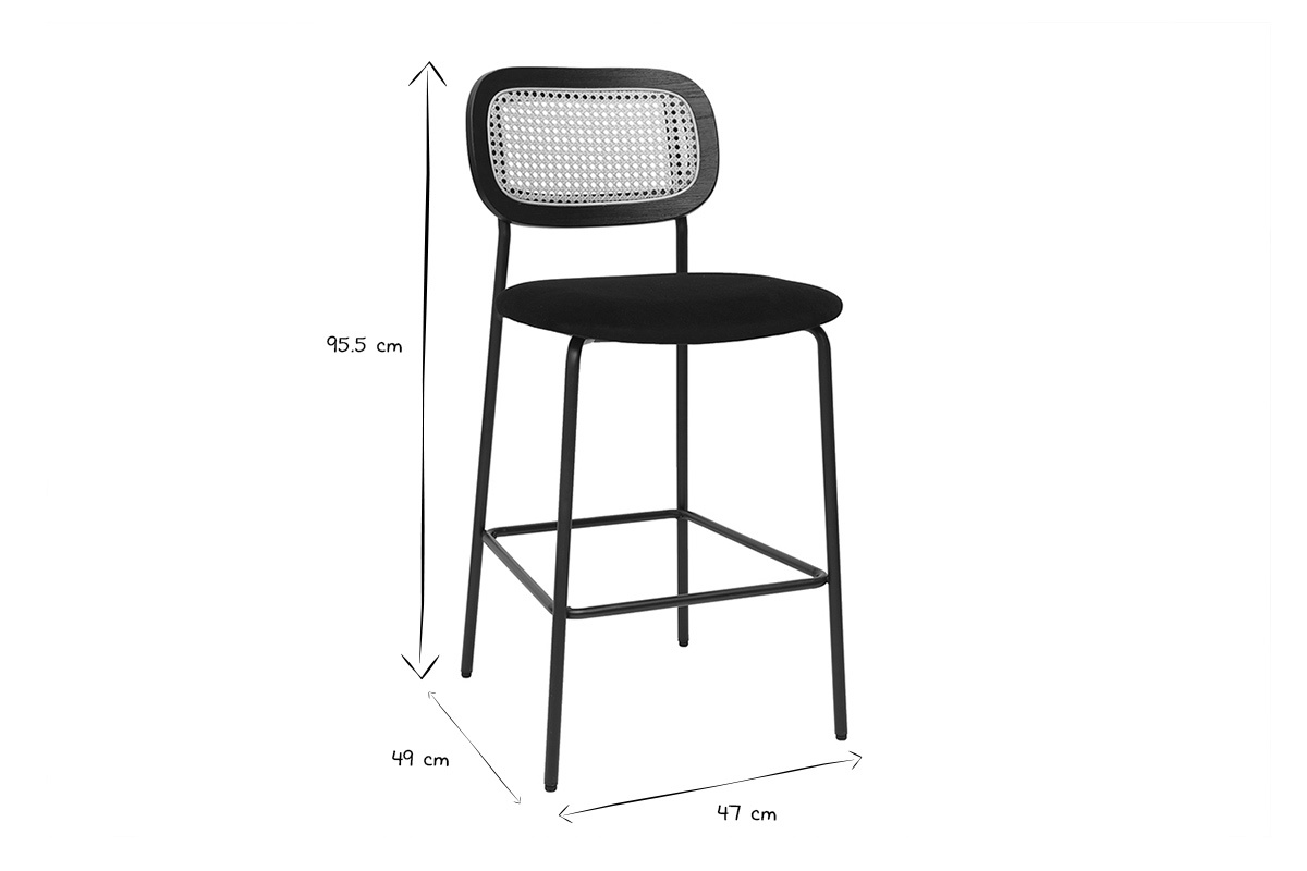 Samt-Designhocker in Schwarz, Schwarzmetall und Rattan-Geflecht (2er Set) MIRANDA