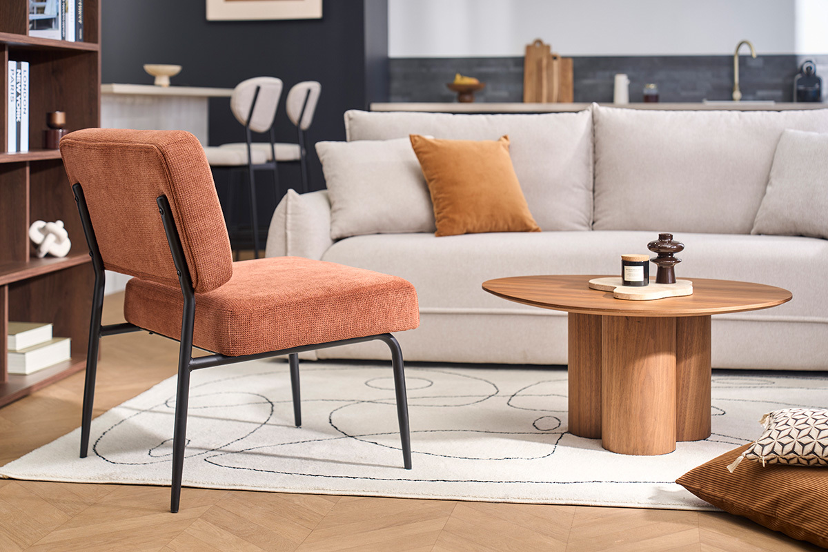 Samt-Effekt Stoff Sessel in gebrannter Erde und schwarzes Metall VEDANA