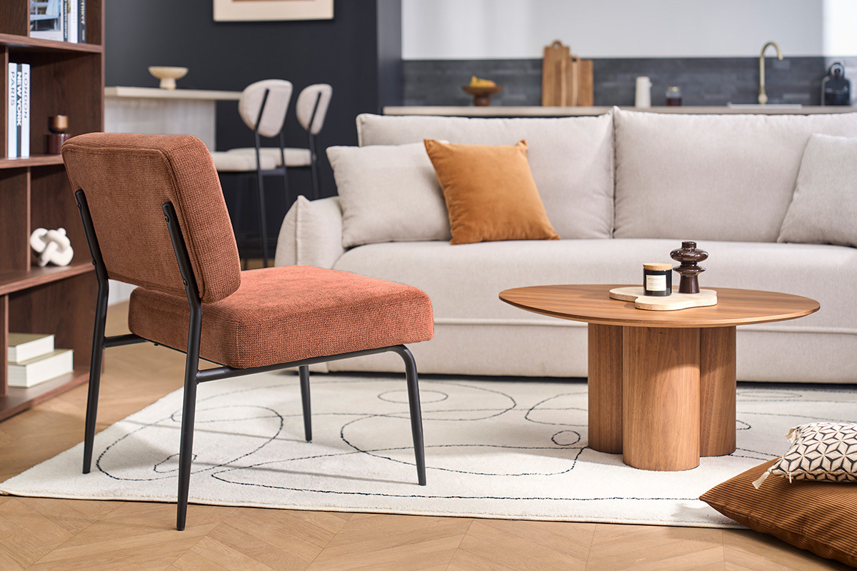 Samt-Effekt Stoff Sessel in gebrannter Erde und schwarzes Metall VEDANA