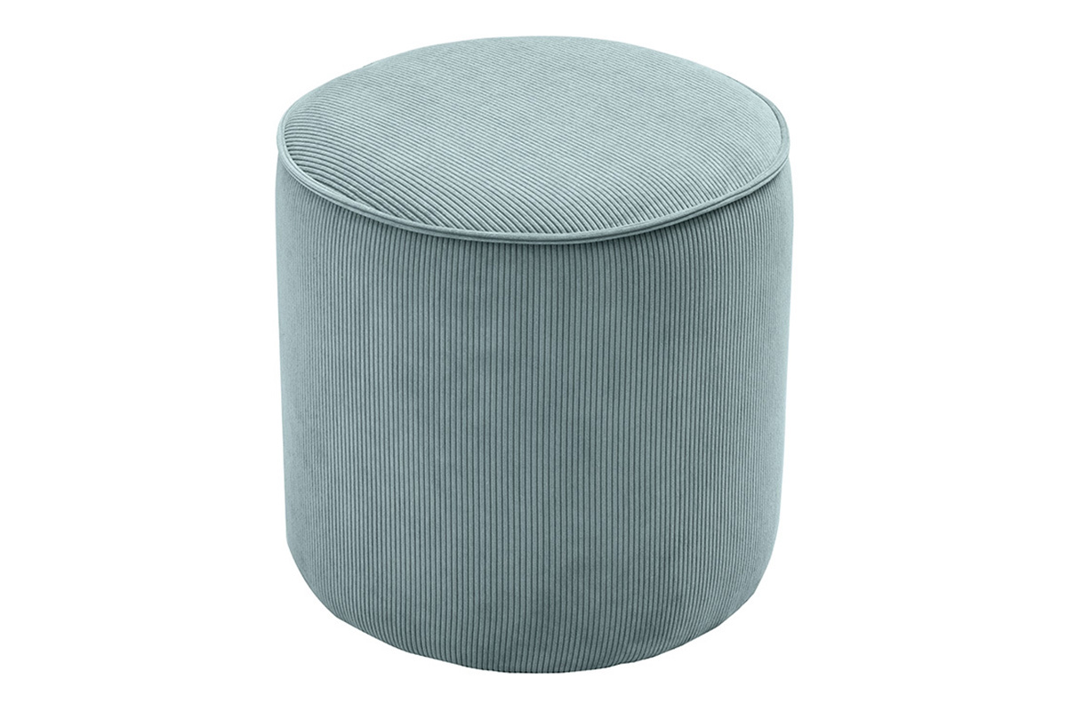 Runder Pouf aus blauem Cord, Draufsicht.