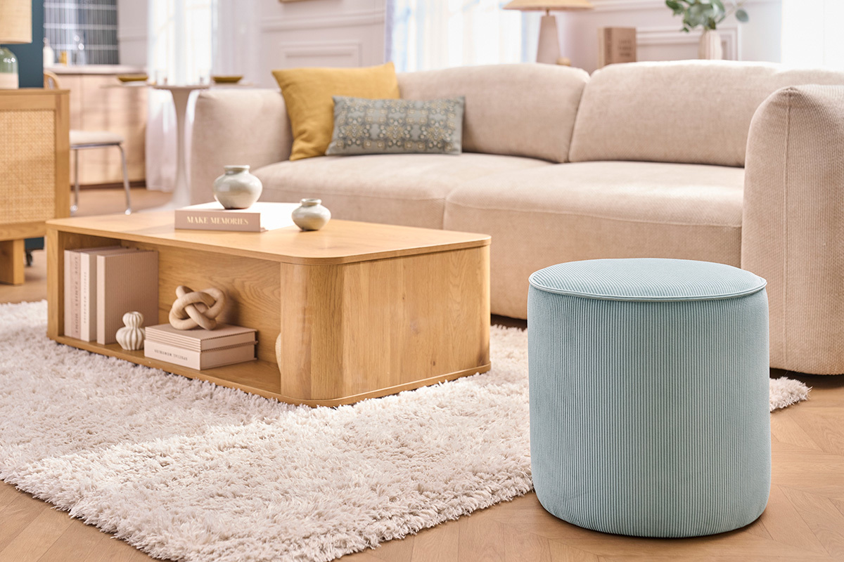 Samtiger Cord-Pouf in Blaugrau D40 cm PAUL