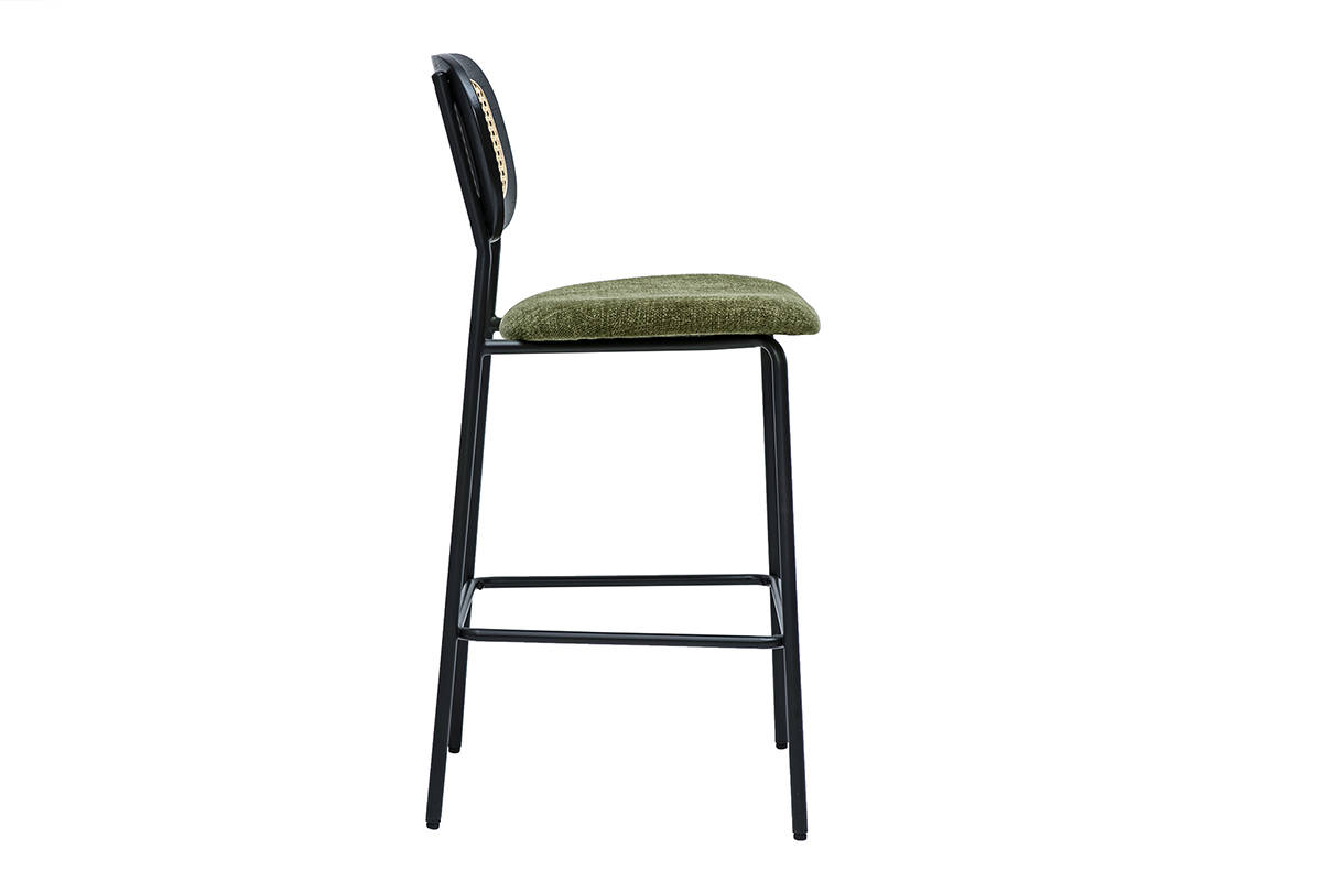 Samtiger Textil-Barhocker in Kaki-Grn, Schwarzes Metall und Rattan-Geflecht (2er-Set) MIRANDA