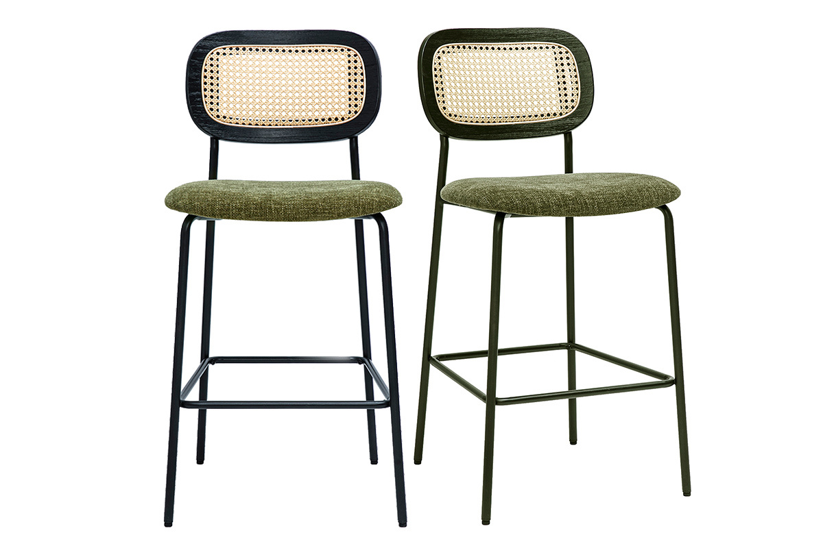 Samtiger Textil-Barhocker in Kaki-Grn, Schwarzes Metall und Rattan-Geflecht (2er-Set) MIRANDA
