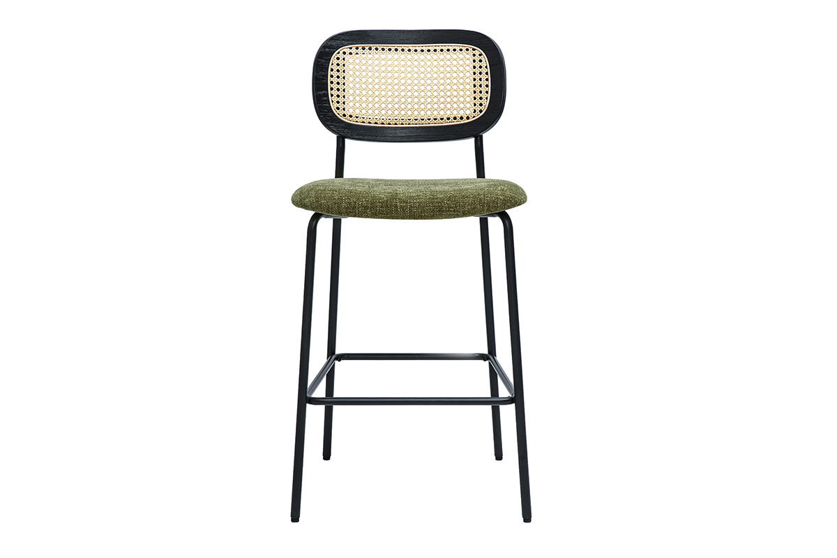 Samtiger Textil-Barhocker in Kaki-Grn, Schwarzes Metall und Rattan-Geflecht (2er-Set) MIRANDA