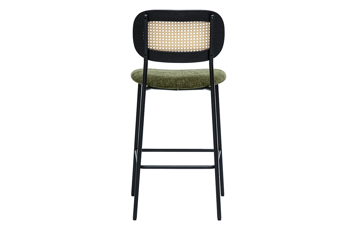 Samtiger Textil-Barhocker in Kaki-Grn, Schwarzes Metall und Rattan-Geflecht (2er-Set) MIRANDA