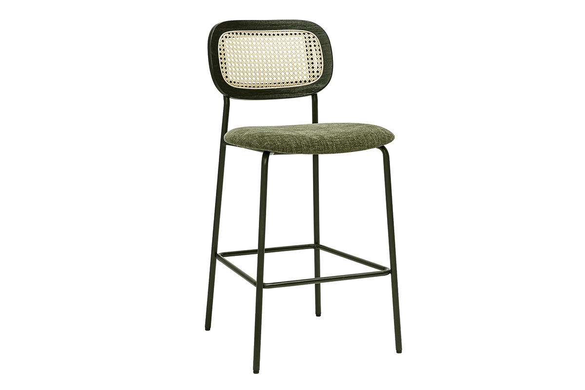 Samtiger Textil-Barhocker in Kaki-Grn, Schwarzes Metall und Rattan-Geflecht (2er-Set) MIRANDA