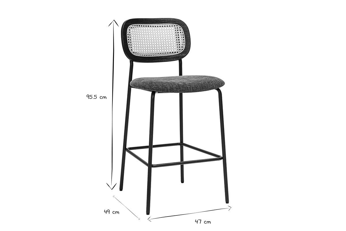 Samtiger Textil-Barhocker in Kaki-Grn, Schwarzes Metall und Rattan-Geflecht (2er-Set) MIRANDA
