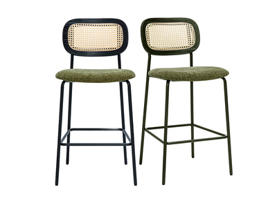 Samtiger Textil-Barhocker in Kaki-Grün, Schwarzes Metall und Rattan-Geflecht (2er-Set) MIRANDA