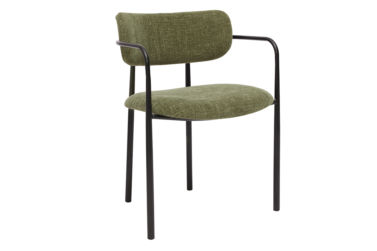 Stuhl aus khakigrnem Stoff und schwarzem Metall aus der 3/4-Ansicht.