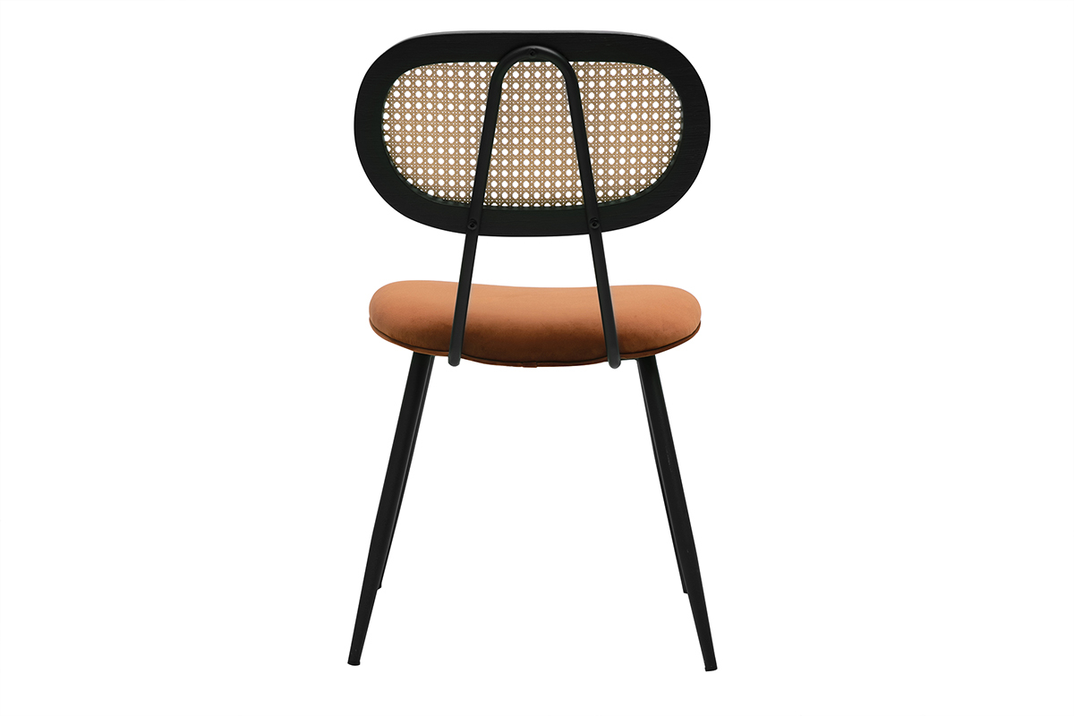 Design-Stuhl aus gebranntem Samt, R�ckenlehne aus Rattangeflecht, R�ckansicht.