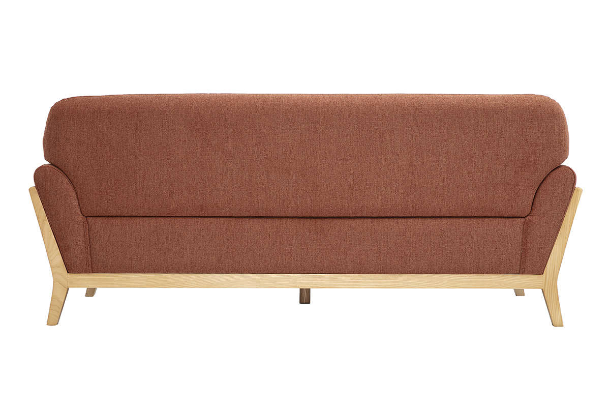 Skandinavisches 3-Sitzer-Sofa von hinten gesehen, aus Stoff in strukturierter Samtoptik in gebrannter Erde und hellem Holz.