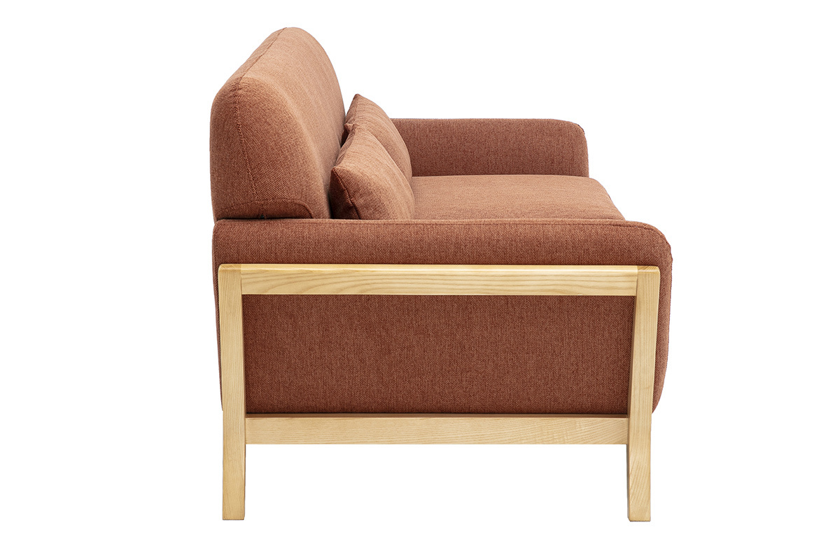 Skandinavisches 3-Sitzer-Sofa in gebrannter Erde, Seitenansicht, mit hellem Holzgestell.