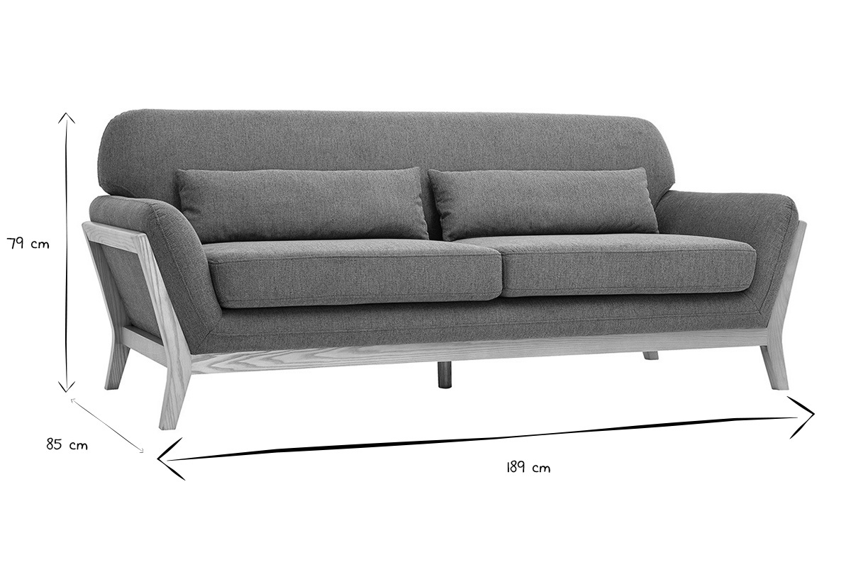 Abmessungen des skandinavischen 3-Sitzer-Sofas: B189 x T85 x H79 cm in Schwarz und Wei�.
