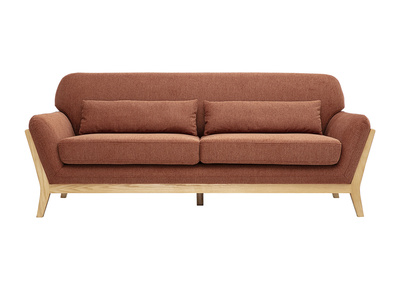 Scandinavisches 3-Sitzer-Sofa aus Stoff mit strukturiertem Samteffekt, erdiges Rotbraun und helles Holz YOKO
