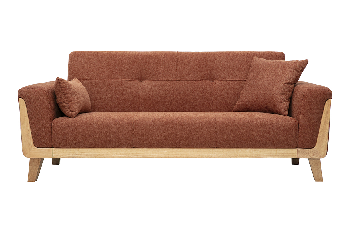 3-Sitzer-Sofa im skandinavischen Stil aus strukturiertem Samtstoff in gebrannter Erde, Vorderansicht.