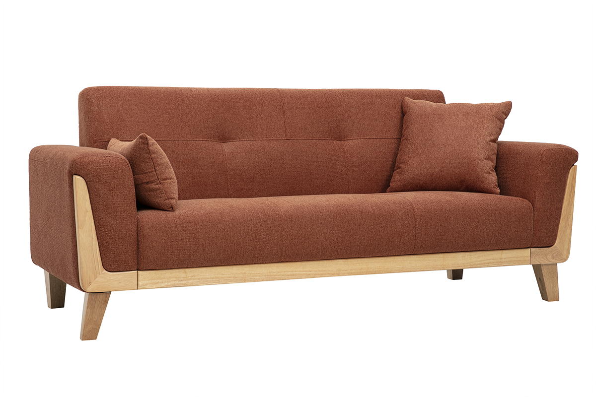 Skandinavisches 3-Sitzer-Sofa aus Stoff mit Samteffekt in gebrannter Erde, mit Armlehnen aus hellem Holz, 3/4-Ansicht.