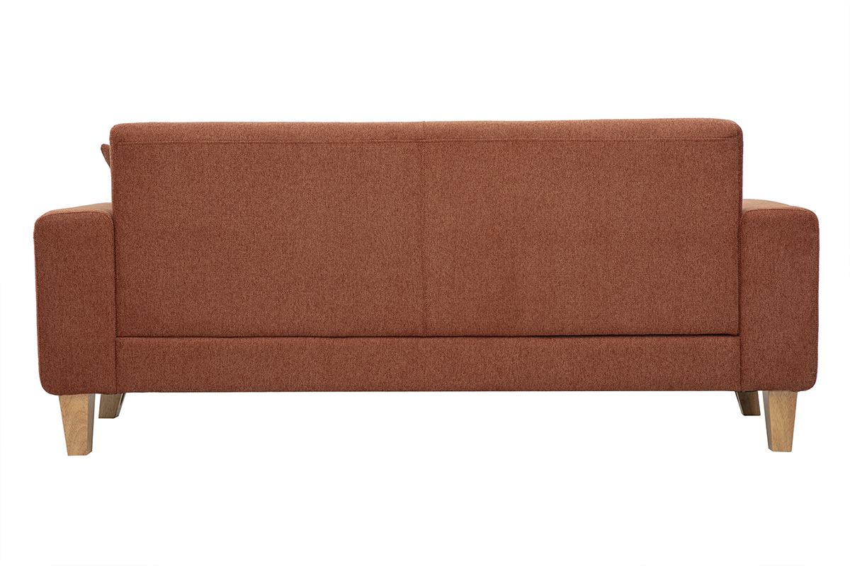Skandinavisches 3-Sitzer-Sofa von hinten gesehen, aus Stoff mit strukturierter Samtoptik in gebrannter Erde und hellem Holz