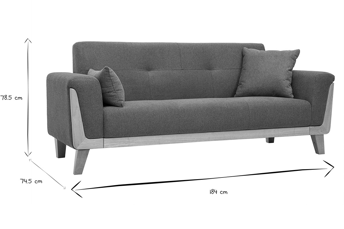 Abmessungen des skandinavischen 3-Sitzer-Sofas: L184 x T74,5 x H78,5 cm in Schwarz und Wei�.