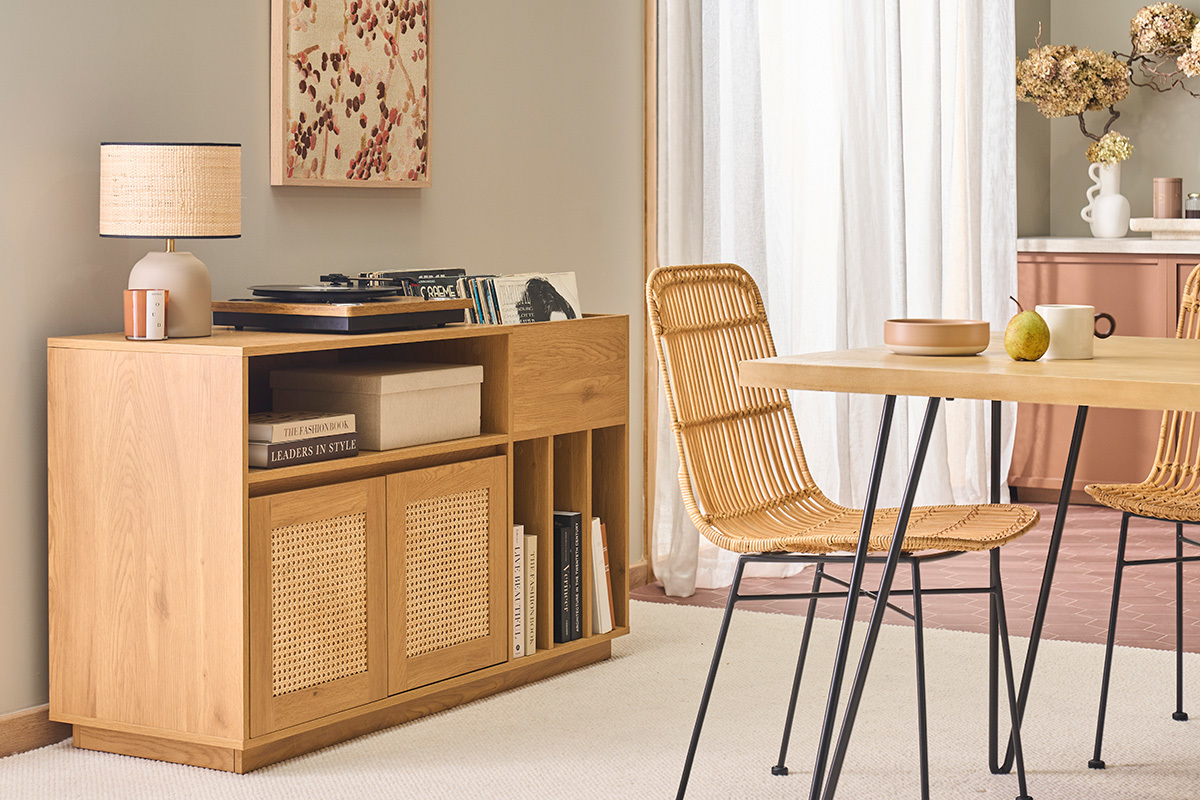 Schallplatten-Aufbewahrungsbuffet in heller Eichenholzoptik und Rattangeflecht L130 cm ALICANTE