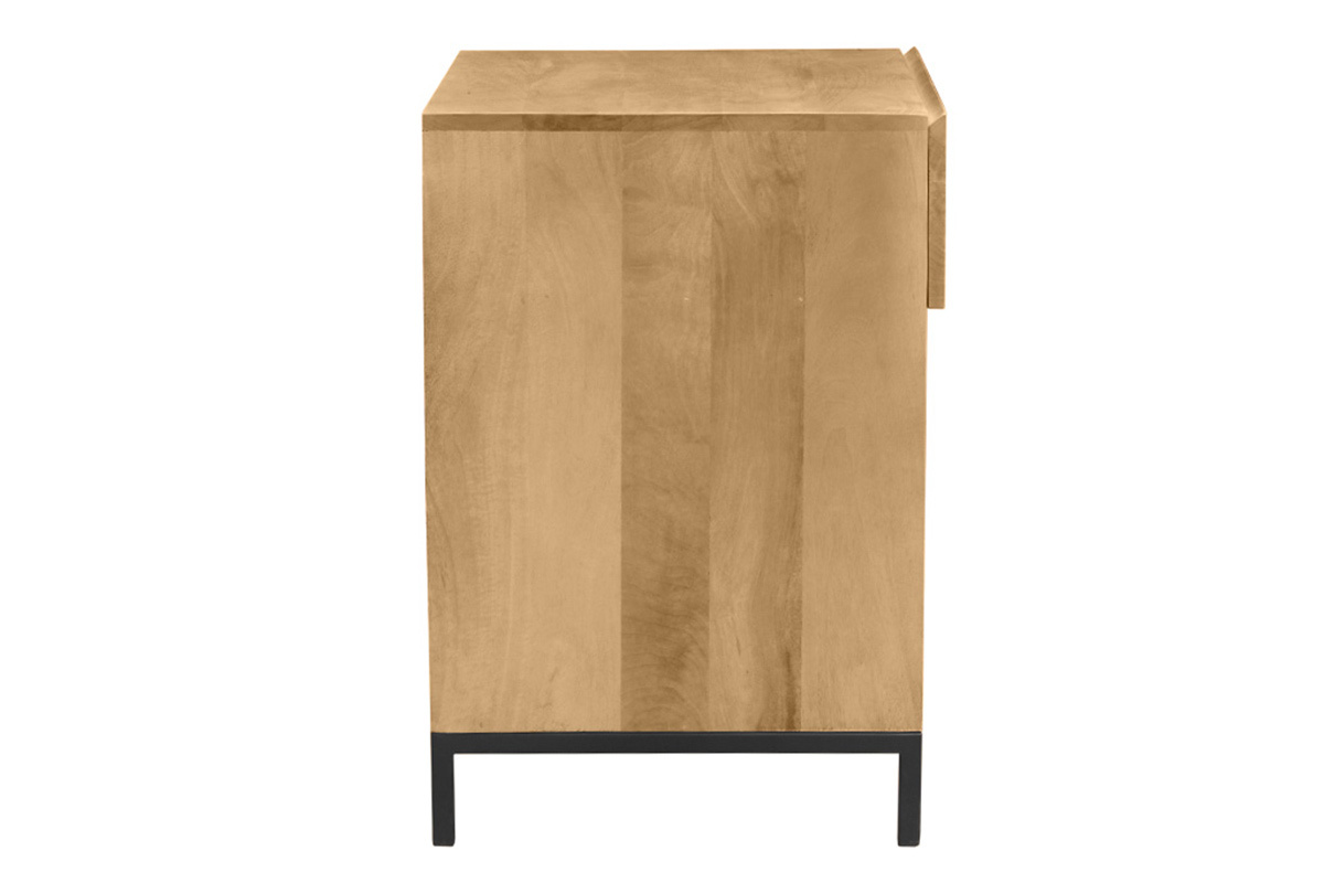 Aufbewahrungsm�bel f�r Schallplatten aus Massivholz und schwarzem Metall, Seitenansicht.