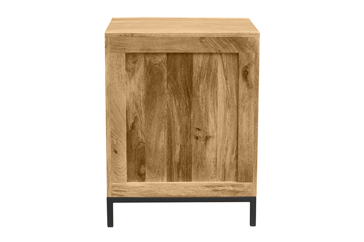 Vinyl-Aufbewahrungsm�bel aus Massivholz mit schwarzem Metallfu�, R�ckansicht.