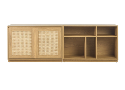 Schallplattenregal in heller Eichenholzfertigung mit Rattan-Geflecht 2 T&uuml;ren L192 cm SEVILLE