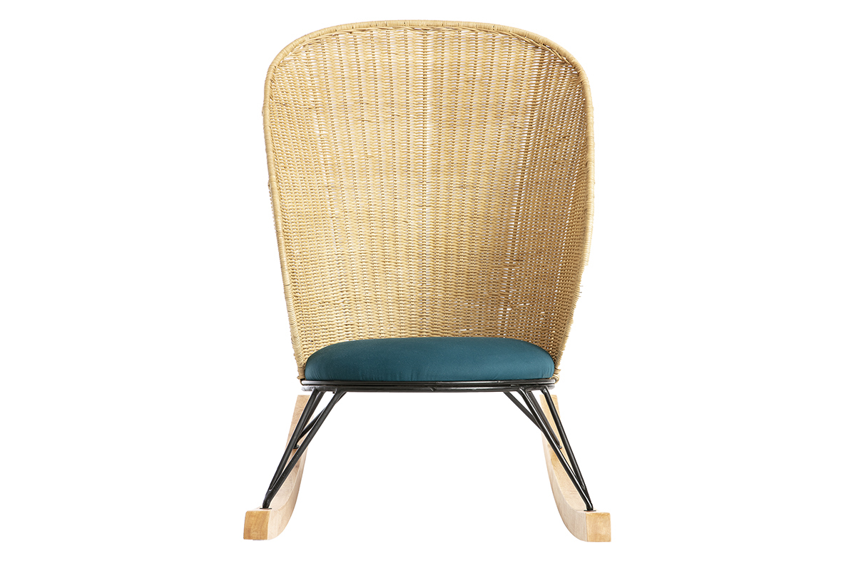 Schaukelstuhl aus Rattan mit petrolblauem Stoff ROBIN
