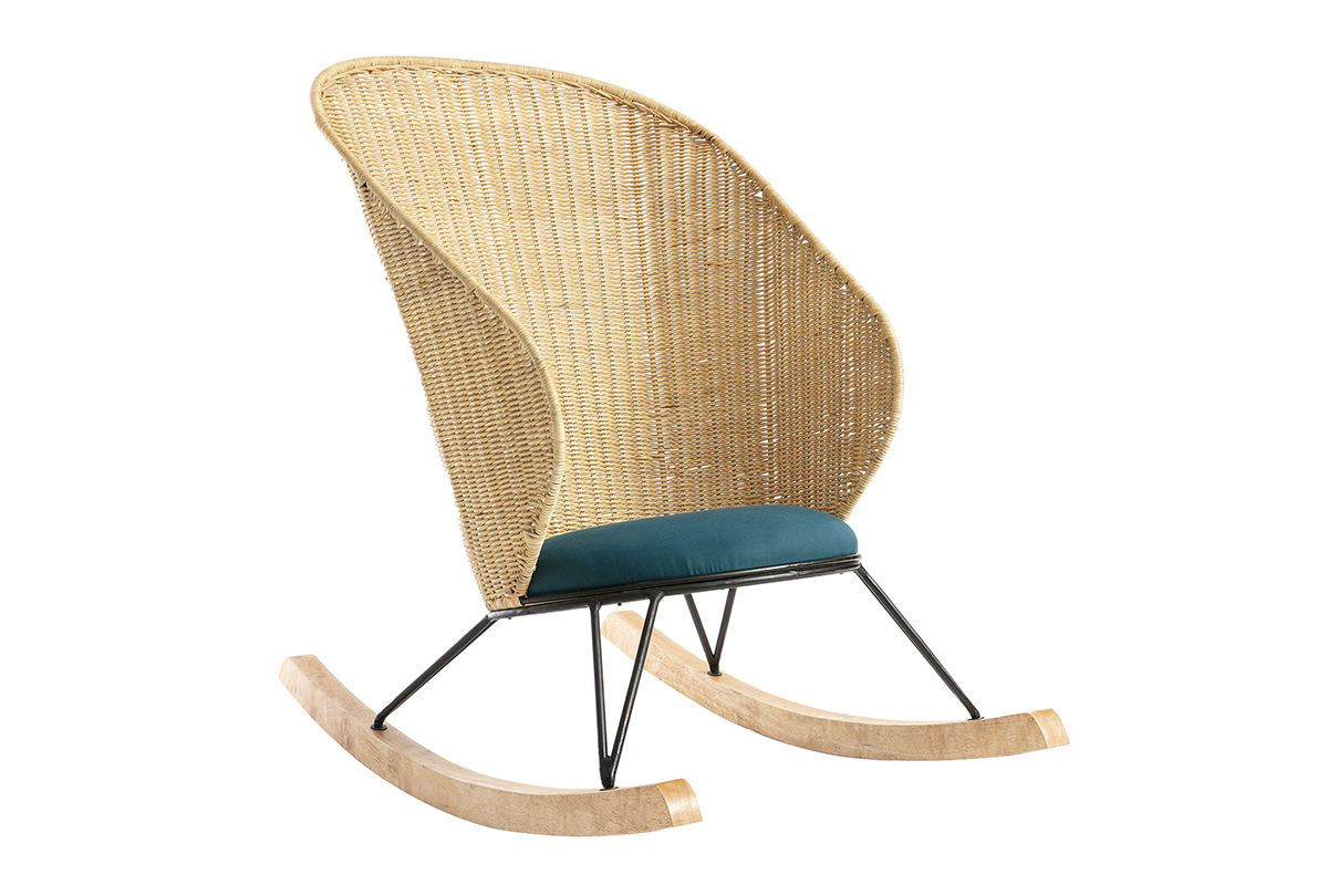 Schaukelstuhl aus Rattan mit petrolblauem Stoff ROBIN