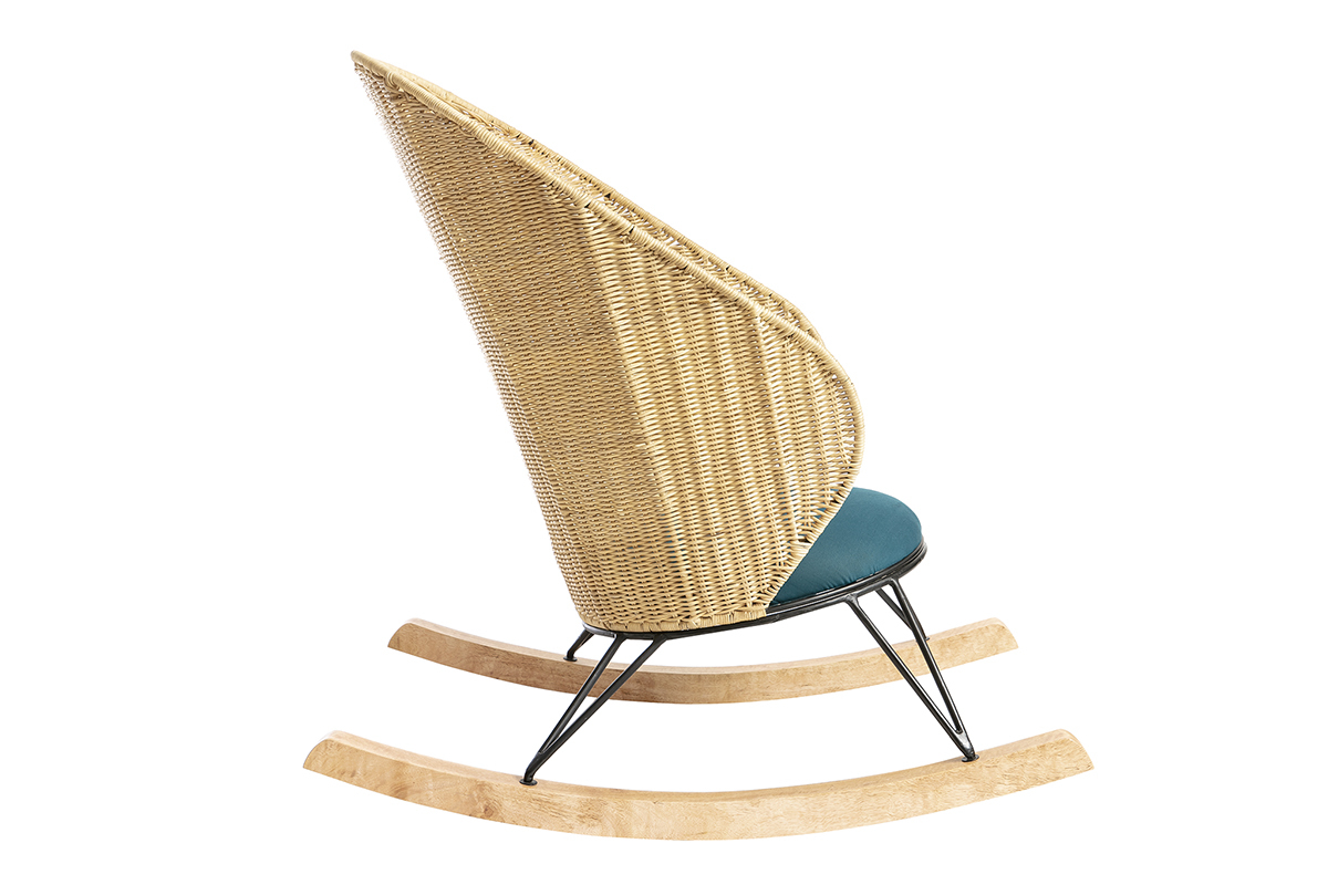 Schaukelstuhl aus Rattan mit petrolblauem Stoff ROBIN
