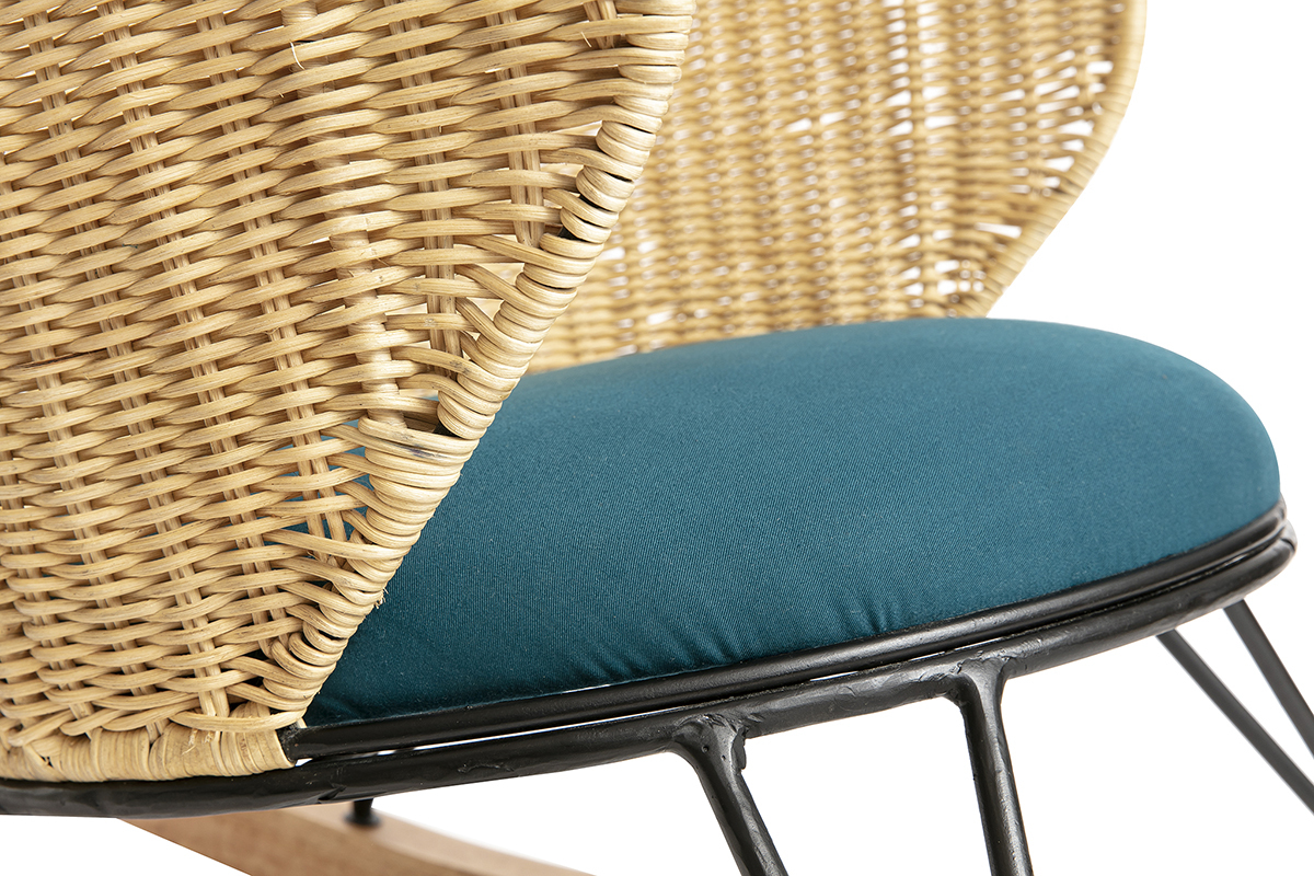 Schaukelstuhl aus Rattan mit petrolblauem Stoff ROBIN