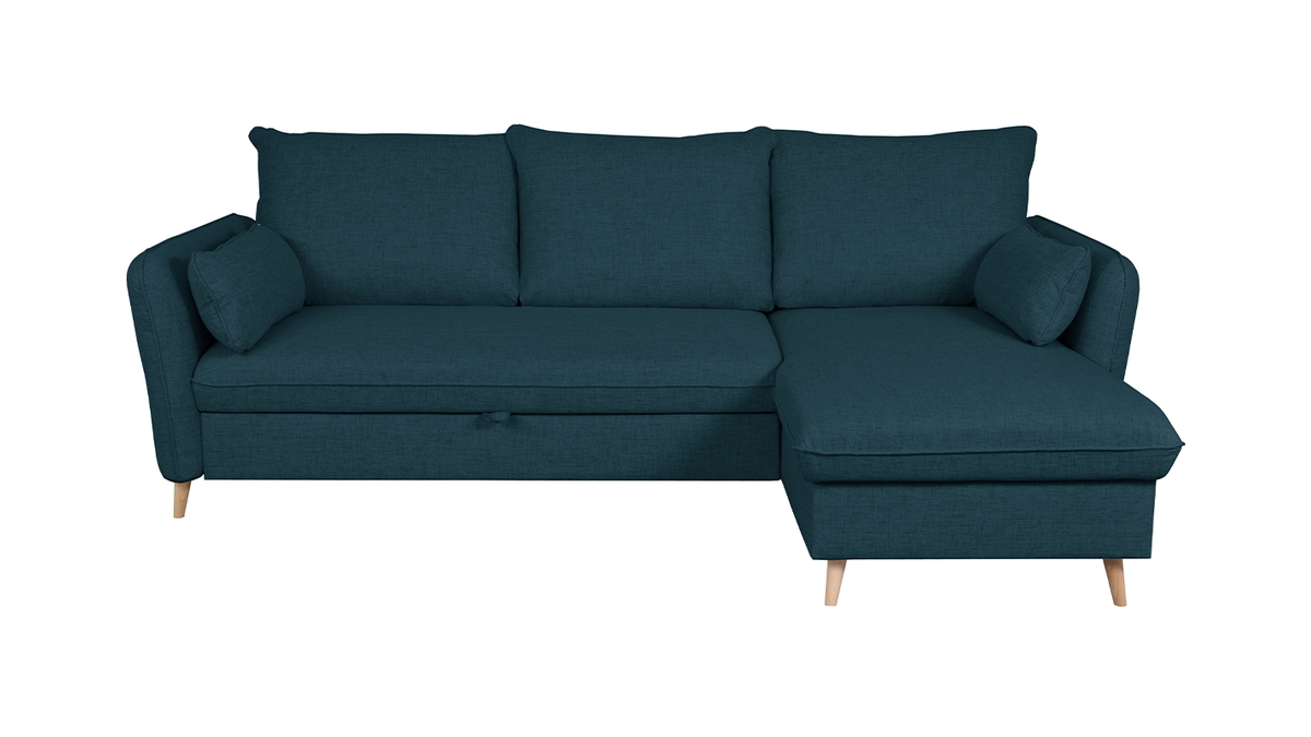 Schlaf-Ecksofa mit Stauraum 3/4-Sitzer ozeanblauer Stoff und helles Holz DRISS